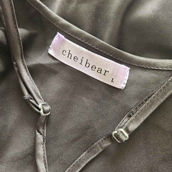 Cheibear Long Black Satin Gown Fringe Hem - Picture 6 of 7